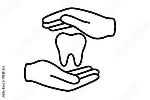 Dental care concept. Hands protecting a tooth. Oral hygiene, stomatology and dentistry icon. Health insurance symbol. Vector line art illustration for clinic or medical app.