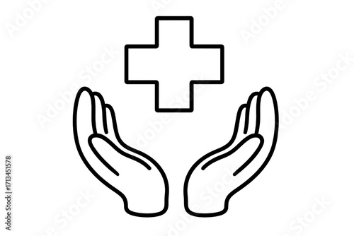 Hands holding medical cross line icon. Health care and medicine concept. Charity, help, support, and protection symbol. First aid sign. Health insurance, hospital, clinic logo vector.