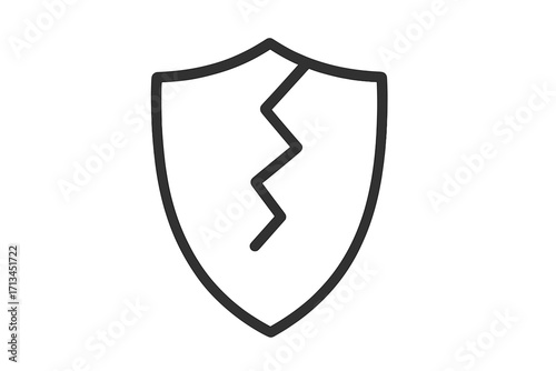 Cracked shield icon for web and apps. Metaphor for security breach, vulnerability, and system failure. Vector line art symbol of risk, broken defense, and no protection.