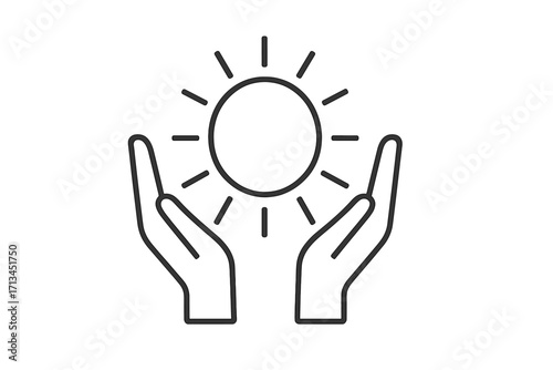 Hands holding sun line icon. Concept of hope, energy, care, and new life. Vector symbol for positivity, happiness, and warmth. Metaphor for charity, environment, and solar power.