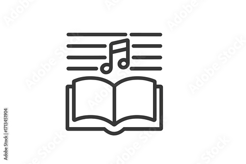 Music book icon for education. Reading songbook, sheet music, or hymnal. Concept for music school, learning, study, and knowledge. Simple line art symbol for audiobooks.