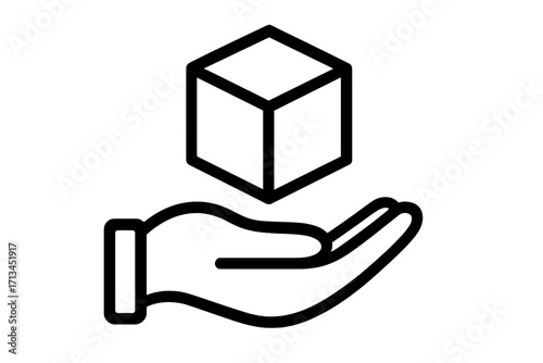 Hand holding cube line icon. Product or service offering concept. Vector symbol for business solution, technology, data management, innovation, and support. Minimalist pictogram.