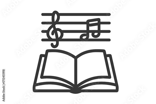 Music education icon with open book and musical staff. Learning music theory concept. Songbook or hymn book with notes and treble clef. Vector outline logo for school or lesson.