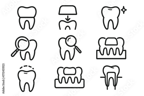 Dental crown line icon set. Tooth implant, bridge, and stomatology outline symbols. Dentist care, oral hygiene, and teeth whitening linear pictogram collection for web.