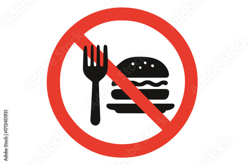 No eating symbol. Food prohibited icon. Forbidden area sign. Concept diet, fasting, healthy lifestyle. Stop eating signal. Red prohibition circle with fork and hamburger graphic.