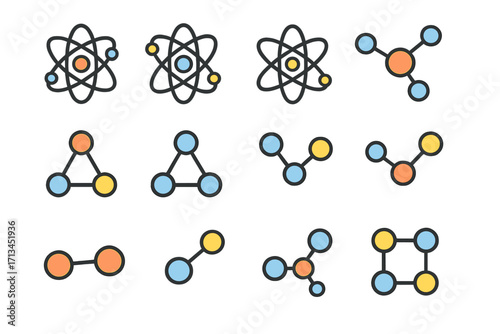 Atom and molecule icon set. Science, chemistry, and physics symbols. Vector pictograms of chemical compounds, particle structures, nuclear energy, and molecular bonds.
