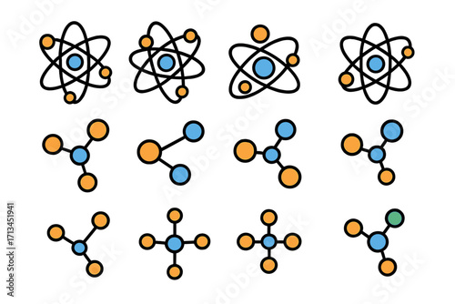 Atom and molecule icon set. Science vector symbols. Collection of chemical compounds, molecular structures, physics particles, nucleus and electrons for web and graphic design.