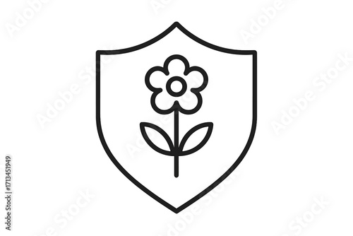 Flower shield icon for nature protection and environmental conservation. Natural security and eco safety symbol. Organic guarantee and gentle defense vector logo concept.