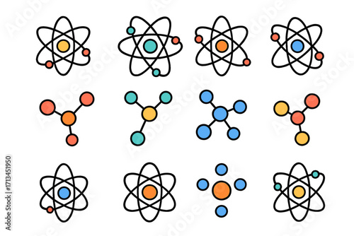 Atom and molecule icon set. Colorful science symbols for physics and chemistry. Vector collection of nucleus, electron, and chemical compound pictograms for web and graphic design.