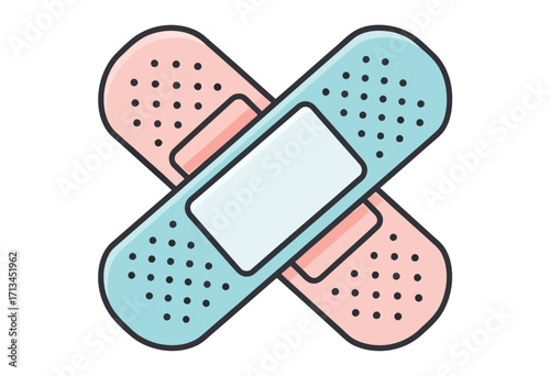 Two crossed adhesive bandages, pastel pink and blue.
