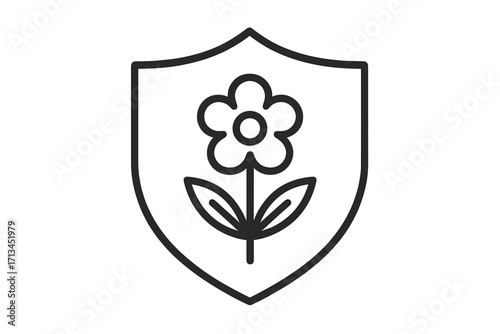 Flower in shield icon. Nature protection, environmental safety, organic guarantee. Natural defense concept. Eco-friendly symbol for secure products. Line art logo vector.
