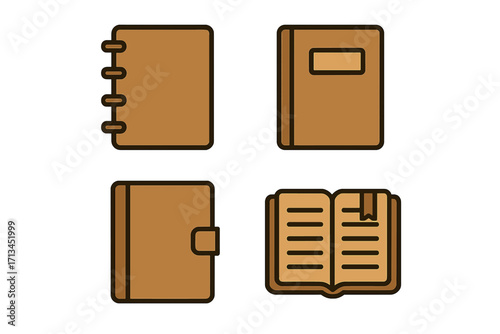 Set of notebook vector icons. Brown diary, journal, planner, and notepad symbols for education or office. Minimalist cartoon pictograms for web design, apps, and business.