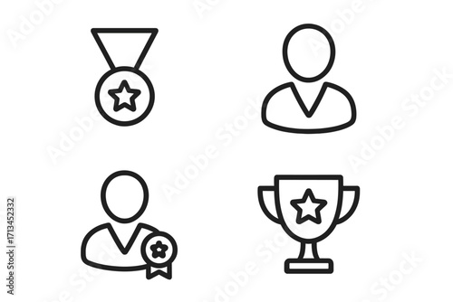 Award and reward line icon set. Winner achievement symbol collection. Trophy, medal, star, champion cup. User recognition, best employee, staff success pictogram. Vector.
