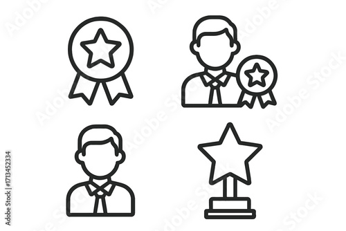 Award and recognition line icon set. Best employee, staff achievement, and success concepts. Winner trophy, star medal pictograms for web, app, and graphic design. Vector.