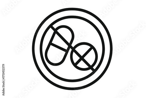 Pills prohibited outline icon. No drugs symbol. Anti-doping sign. Concept of drug abuse, addiction, and illegal substances. Forbidden medicine, tablet, and capsule vector.