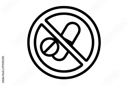 No pills prohibited outline icon. Stop drugs symbol. Ban on medication, tablets, capsules. Medicine forbidden warning sign. Vector for no doping, addiction, healthcare.