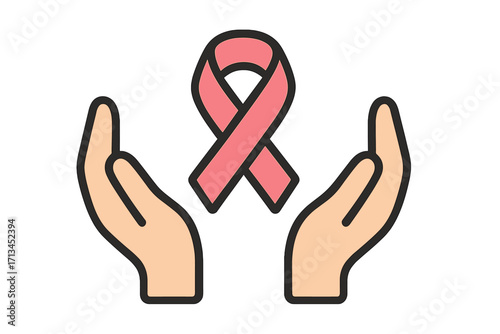 Breast cancer awareness month symbol. Pink ribbon in hands for support and hope. Charity, donation for women's health. Medical care campaign vector icon illustration.