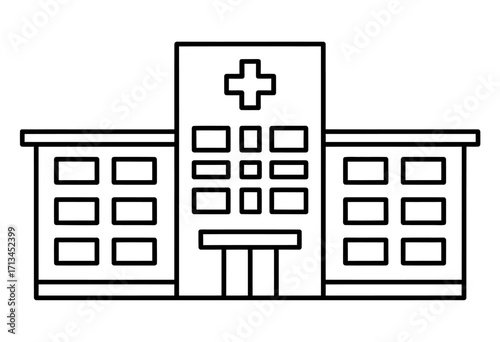 A simple black and white line art illustration of a hospital building with a medical cross symbol on top.