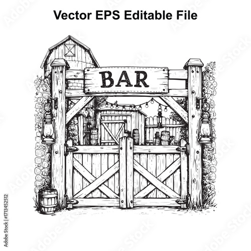 Vector art of rustic wooden bar gate with lanterns and barn in sketch style