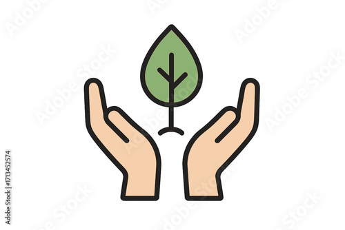 Hands holding green plant sprout. Ecology and environment protection concept. Nature conservation icon. Metaphor for growth, care, new life, hope, and sustainability.