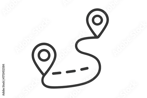 Route, road, path to destination. Map pin, pointer, location mark. Journey from start to finish. GPS navigation icon concept. Minimalistic line pictogram for web and apps.