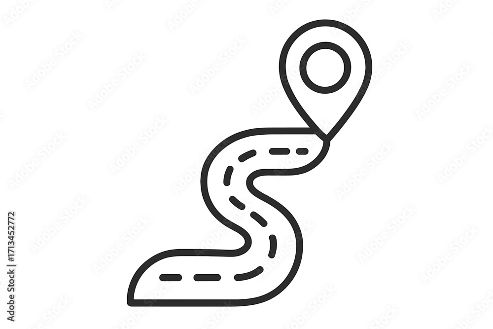 Fototapeta premium Route and destination icon. Winding road with map pin. Journey path, navigation pointer, and location marker concept. Simple line art for GPS, apps, and web design.