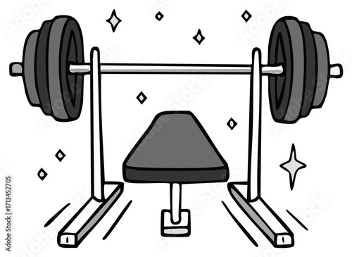 Cartoon weight bench with barbell and weights for exercising