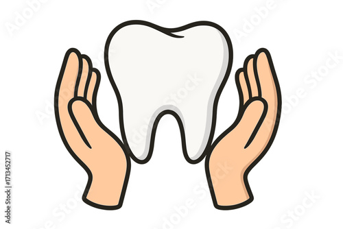Dental care concept with hands holding tooth. Dentistry, oral hygiene, and health insurance metaphor. Clean white molar protection symbol for clinic, stomatology, and medical design.