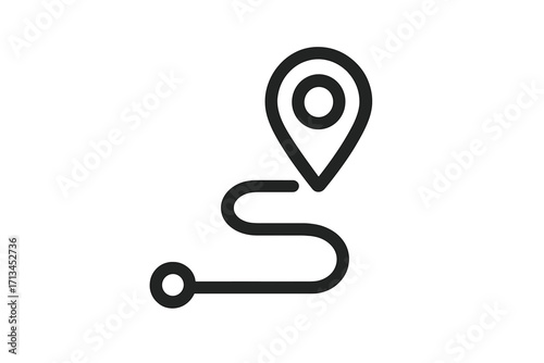 Route and map pin location icon. Minimalistic thin line art for navigation and destination concepts. Journey path from start to finish. GPS pointer and travel direction.