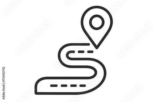 Route road and map pin outline icon. Winding path to destination point. GPS navigation symbol. Location pointer for travel map. Journey, direction, trip concept vector.