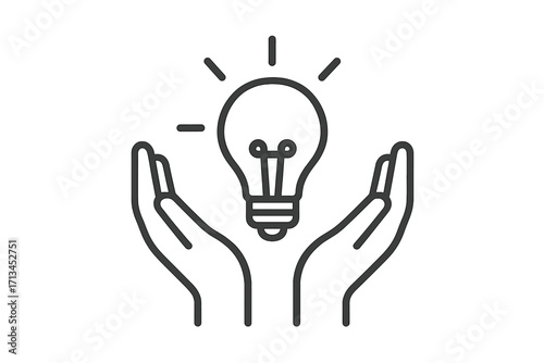 Hands holding light bulb icon. Concept of new idea, innovation, and creativity. Metaphor for solution, inspiration, and knowledge. Simple line vector illustration for business.