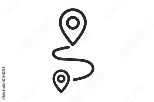 Route icon with two map pins. Concept of a journey, path, or distance between two points. A to B navigation. Minimalist outline vector for location, destination, and travel.