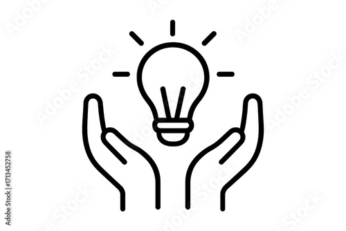 Hands holding light bulb line icon. Concept of new idea, innovation, creativity and solution. Symbol of inspiration, business strategy, invention and knowledge. Vector.