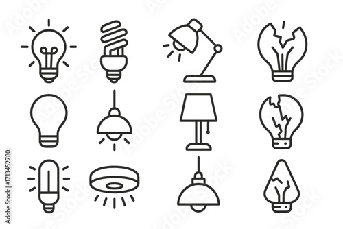 Light line icon collection. Lamps, lightbulbs, broken lamps outline signs. Vector symbols for graphic, web design. Concept idea, creativity, innovation, energy, solution, failure.