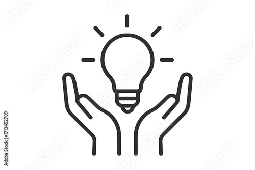 Hands holding light bulb icon. Concept of idea, innovation, creativity, solution, and inspiration. Metaphor for knowledge, learning, invention, energy, and support. Line vector.