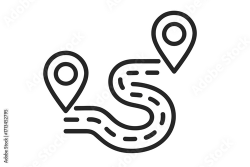 Route icon with map pins showing start and end destination. Winding road journey. Path from A to B. GPS navigation symbol. Location tracking. Trip planning. Geolocation marker.