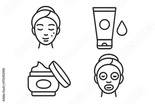 Skincare routine line icon set vector. Face mask, cream tube, jar. Facial beauty treatment. Cosmetology, dermatology concept. Spa procedure for healthy skin. Acne care.