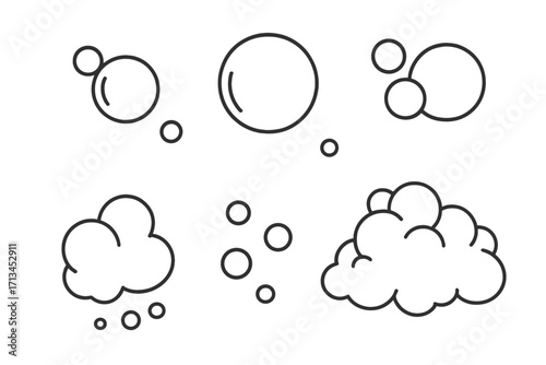 Bubble and foam line icon set. Vector illustration of soap suds, fizzy drink effervescent effect, air bubbles. Simple outline graphic elements for cleaning, washing concept.