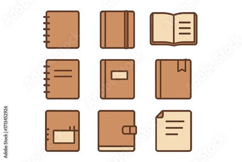 Set of brown notebook vector icons. Minimalistic pictograms for business, school, and web design. Journal, diary, and planner symbols. Stationery graphic elements collection.