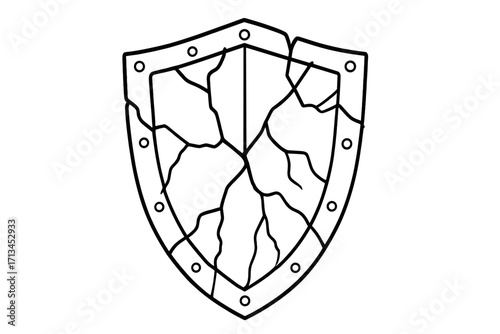 Cracked shield line icon vector. Metaphor for broken protection, vulnerability, data breach, risk. Damaged defense concept for security app, logo, graphic. Cartoon style.