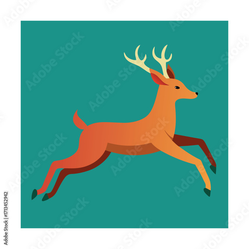 Orange deer with antlers jumping on a teal background