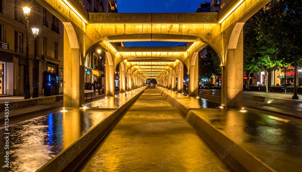 Fototapeta premium Beautifully lit urban water channel and arched walkway at twilight.