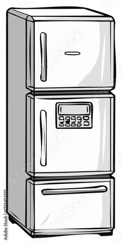 White refrigerator with freezer, digital display and three doors, cartoon vector illustration for kitchen and appliances