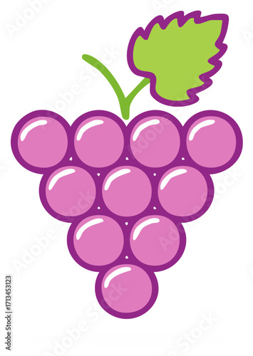 Illustration of vibrant purple grapes in a bunch with a single green leaf, creating a cute and decorative icon for various uses