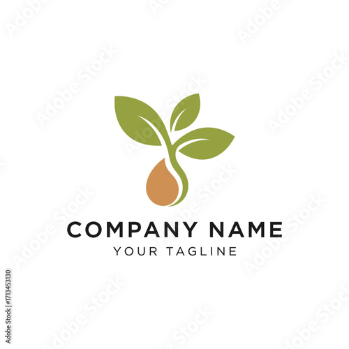A minimalist logo featuring a sprouting seed with green leaves and a brown droplet, symbolizing growth and nature, with placeholder text for company name and tagline.