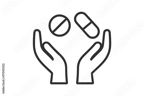 Hands holding pill and capsule line icon. Medicine, pharmacy, and healthcare concept. Vector illustration for medical treatment, drug store, vitamins, or supplements.