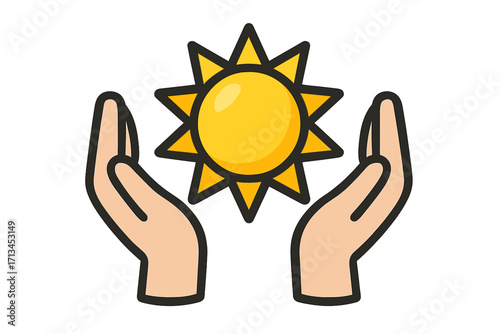 Hands holding sun icon. Concept of care, protection, and renewable solar energy. Hope and warmth symbol. Ecology and environment conservation vector illustration.