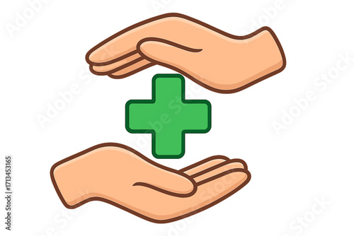 Hands protecting green cross. Health care and medical safety concept. First aid, pharmacy support and medicine insurance symbol. Vector cartoon illustration icon for apps.