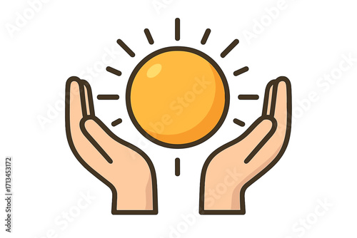 Hands holding sun vector icon. Hope, energy and protection concept. Save energy symbol. Ecology and environment care illustration. Charity, help and support sign. Life.