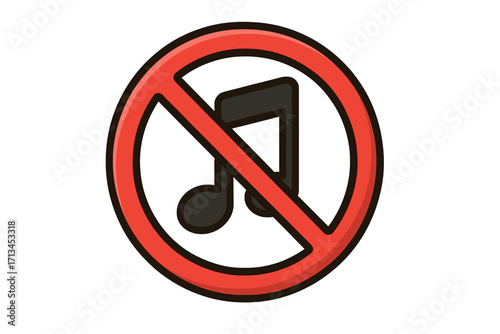 No music sign vector icon. Music prohibited symbol. Keep quiet and silence please. No sound allowed warning sign. Stop loud noises pictogram. Forbidden audio concept.